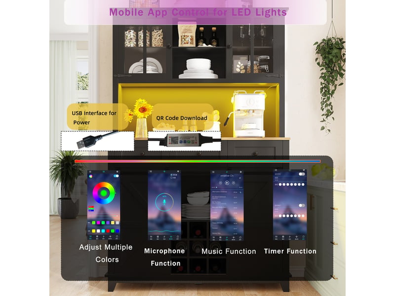  Buffet haut cuisine avec éclairage led -3 tiroir - casier à vin amovible - armoire 105 × 38,4 × 180 cm - meuble rangement noir  - Conforama B