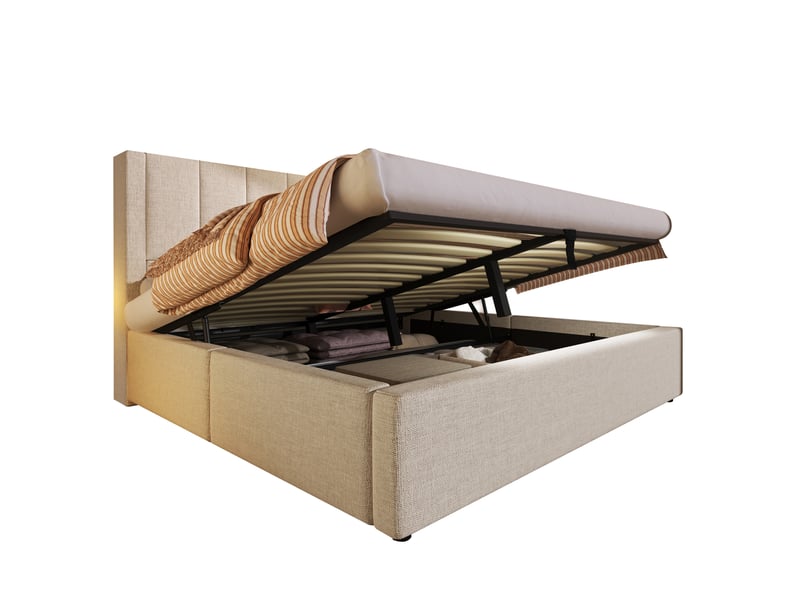  Lit double avec coffre, 140x200 cm, charge, avec porte gobelet dissimulé, sommier inclus, bois et métal, coloris beige  - Conforama A