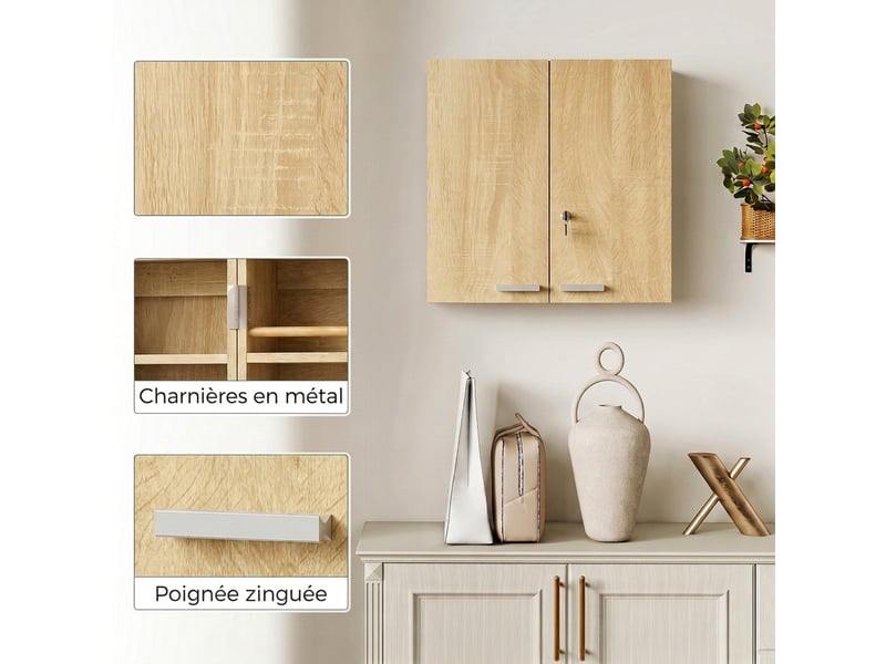 Armoire à pharmacie murale, armoire à médicaments avec double porte verrouillable 2 clés, 53x20x53cm, chêne - Conforama R