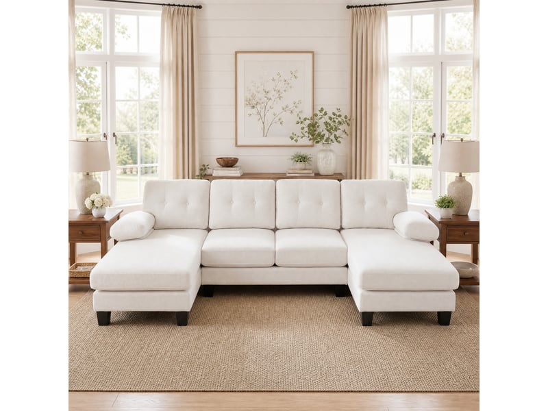  Canapé panoramique en u 4 places en chenille beige avec double méridienne  - Conforama E