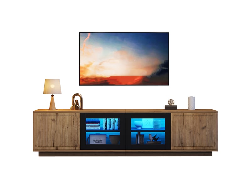  Meuble tv 180x40x45 cm 4 portes (2 vitrées) led pilotable appli 3 niveaux cap. 30 kg panneaux particules naturel et noir  - Conforama A