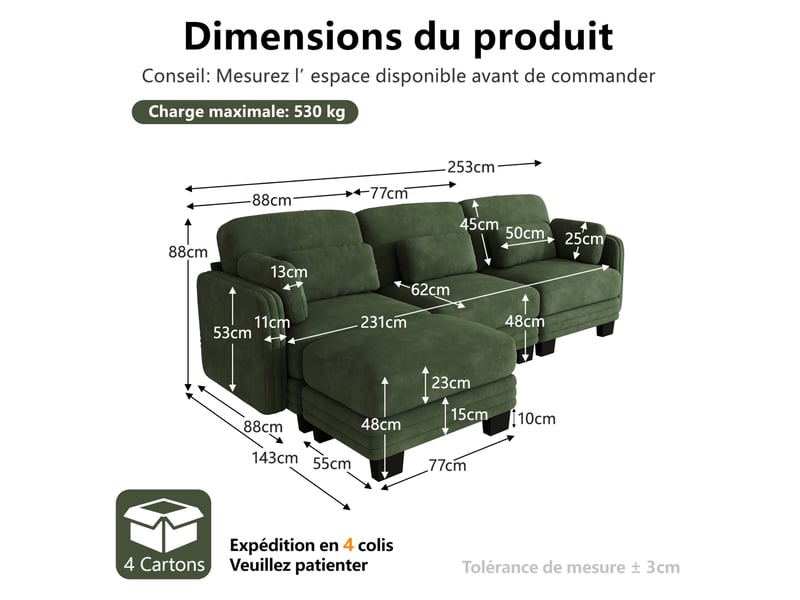  Canapé d'angle modulable 3 places 253x143x88 cm en chenille verte  - Conforama C