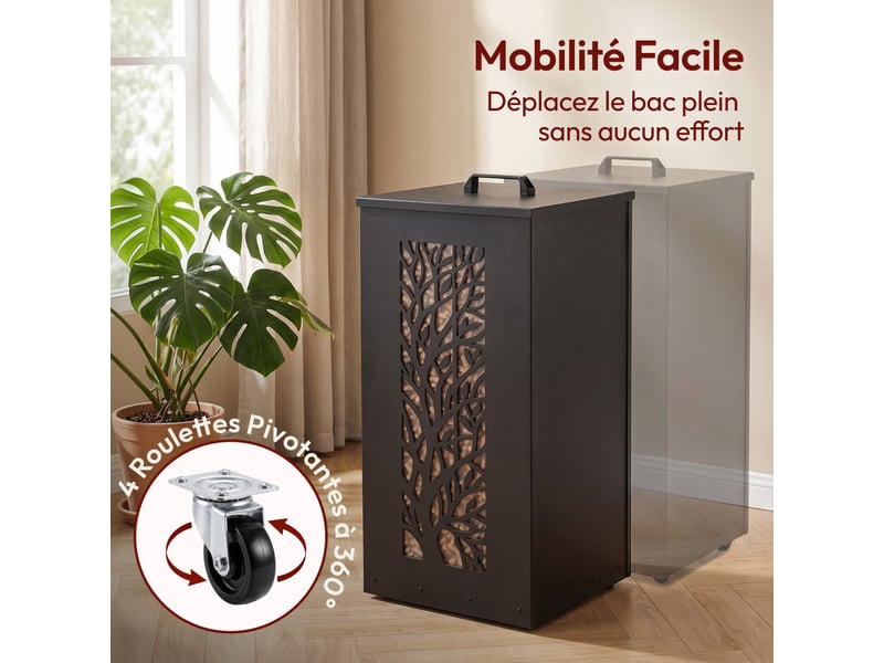 Casabel réservoir pellets & granulés avec roulettes, cap. 45kg, métal noir, niveau visible, motif arbre - Conforama E