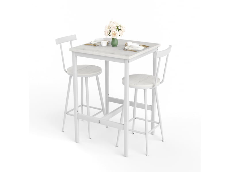  Ensemble bar industriel blanc 60x60x92 cm avec 2 tabourets, structure en métal  - Conforama E