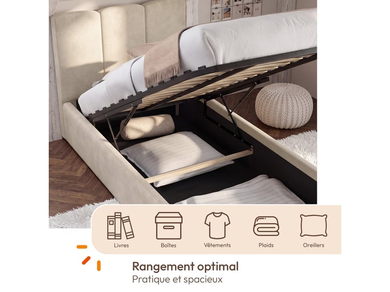  Lit coffre simple nuage avec tête de lit matelassée et sommier 90 x 190 cm velours beige  - Conforama E