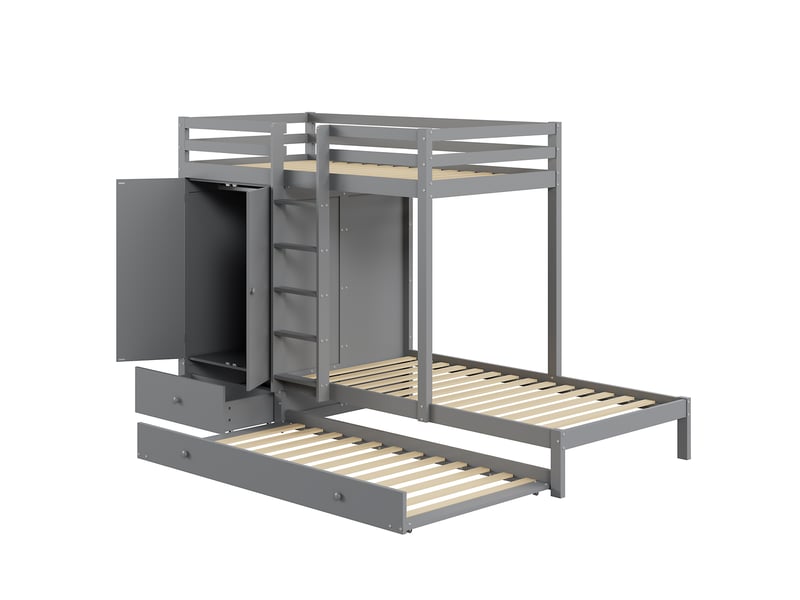  Lit superposé en bois massif avec lit gigogne 90x200, lit enfant avec armoire, tiroirs et étagère, gris  - Conforama E
