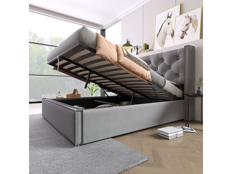  Lit coffre rembourré 140 x 200 cm en tissu coton gris, sommier à lattes, tête de lit capitonnée 830809AAG - Conforama D
