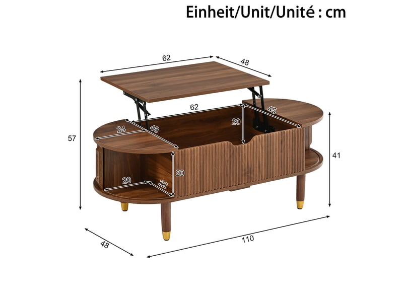  Table basse relevable ovale 110x48 cm – noyer – rangement à portes coulissantes et plateau hydraulique  - Conforama C