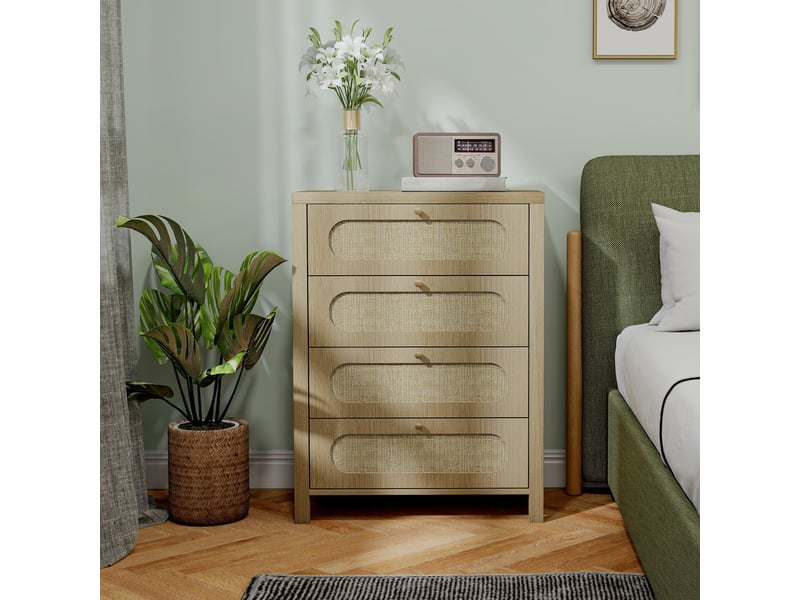  Commode 4 tiroirs meuble de rangement style bohémienne avec portes résine tressée, effet bois naturel, 70 x 38 x 93 cm  - Conforama W