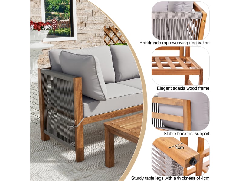 Salon de jardin d'angle,3 pièces avec pieds réglables,bois d'acacia,gris - Conforama E