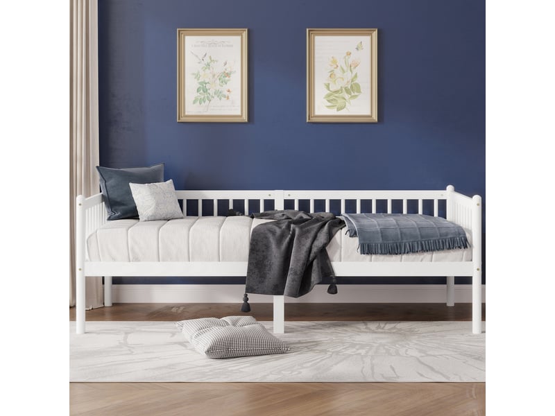  Lit banquette 90x200 cm en bois de pin - canapé-lit blanc avec barrières 3 côtés et 14 lattes  - Conforama B