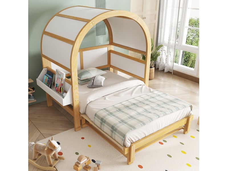  Modenvie lit cabane enfant 140x200 cm - lit gigogne, tablette laterale, sommier inclus - blanc et naturel  - Conforama E