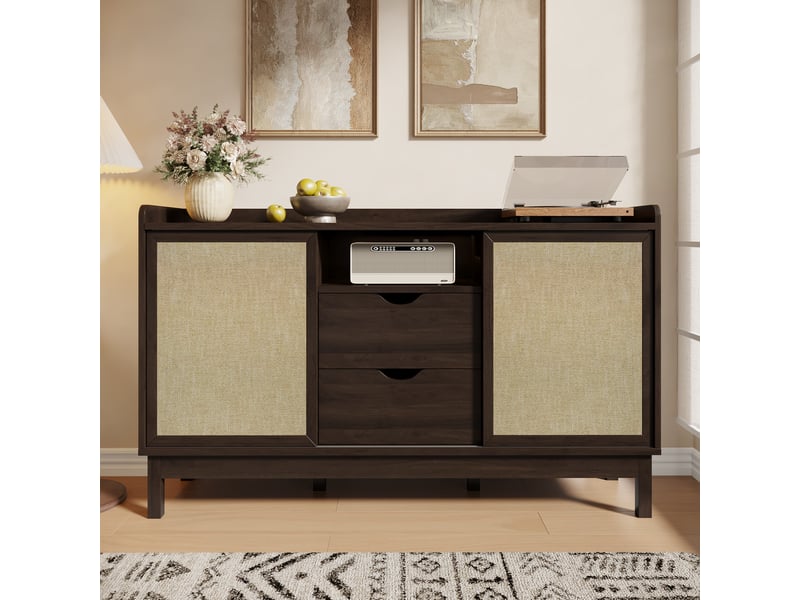  Buffet avec 2 portes coulissantes, 2 tiroirs et étagères réglables pour salle à manger 150×39,5×80 cm naturel  - Conforama B