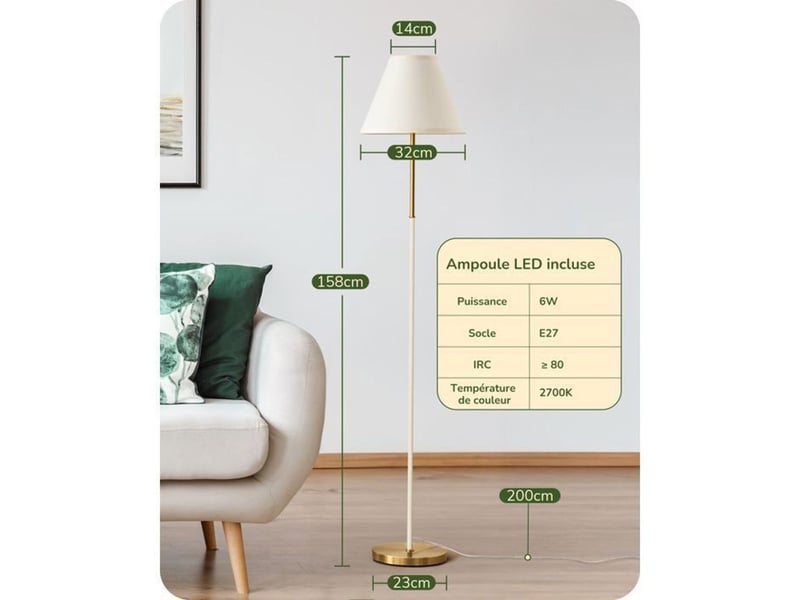  Lampadaire retro conique e27 2700k interrupteur au pied base dorée, abat-jour coton lin blanc cassé 370618_AADAW88482_6_DROPFR - Conforama C
