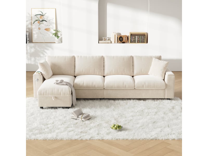  Canapé d'angle réversible fixe 4 places tissu beige coffre de rangement canapé d'angle beige - Conforama D