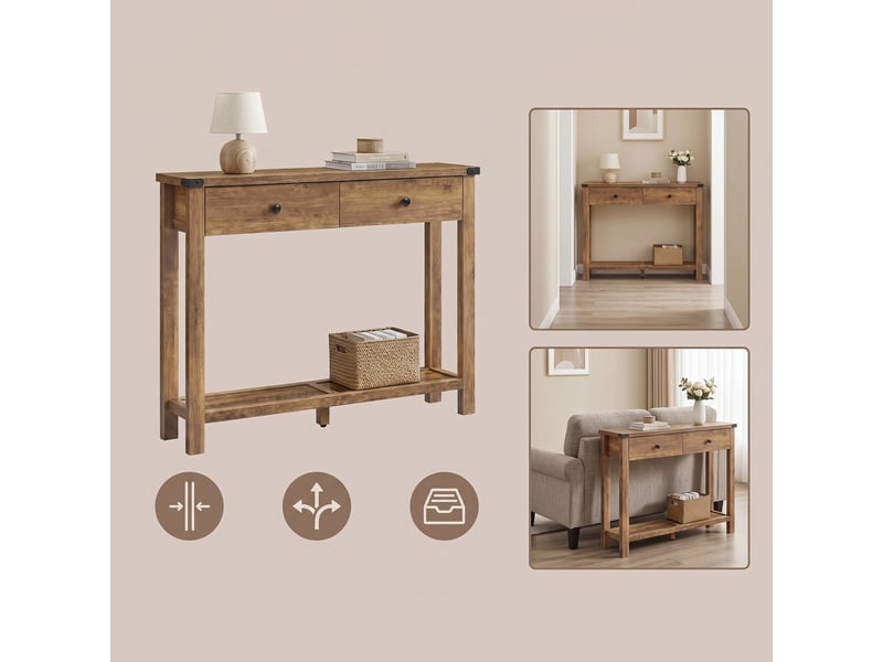  Table console, table d'entrée avec 2 tiroirs et étagère de rangement, pour entrée, salon, style campagnard, taupe  - Conforama E