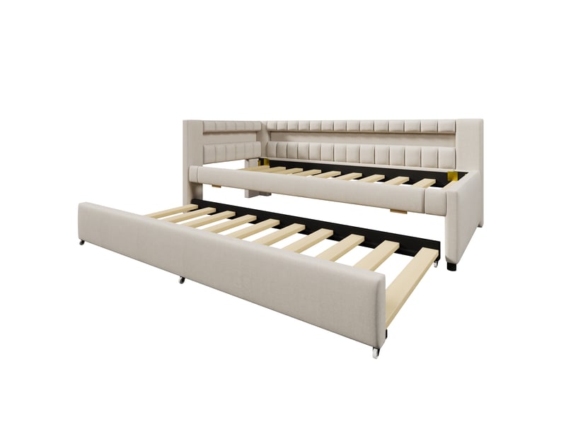 Lit banquette gigogne en lin beige 90x200 cm, led, usb et type-c - Conforama E
