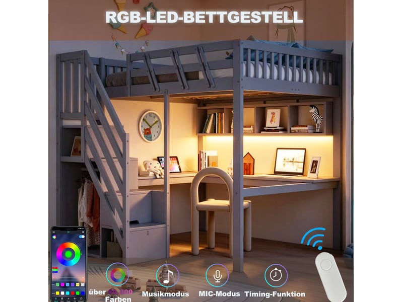  Lit mezzanine enfant 140 × 200 cm 2 places avec bureau, rangements, led et usb, sans matelas, gris  - Conforama D