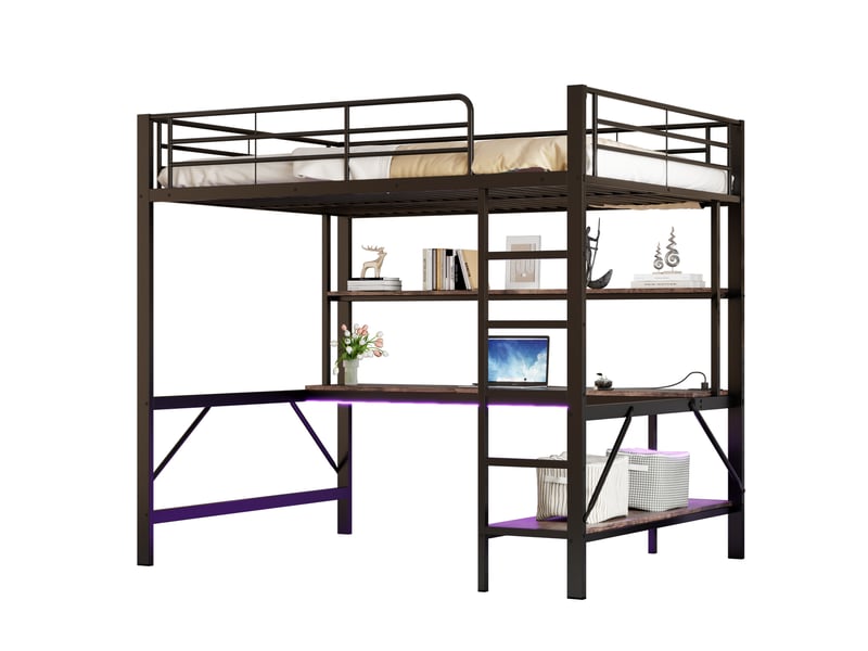  Lit mezzanine enfant 140 x 200 cm avec bureau et étagères, structure en métal et mdf noir  - Conforama A