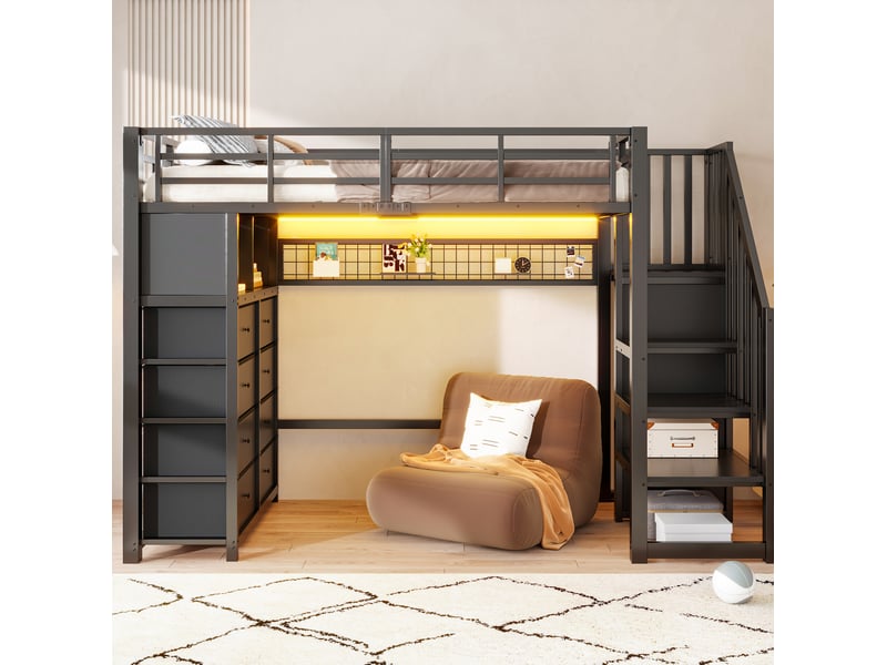  Lit mezzanine 90x200 cm avec 8 tiroirs, led, rangements, escalier intégré, garde-corps, métal mdf noir sans matelas  - Conforama D