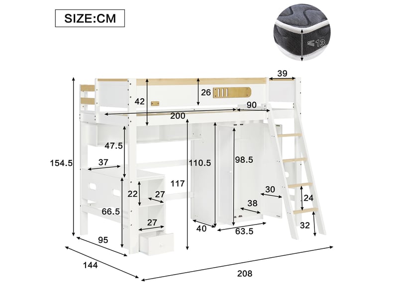  Lit mezzanine enfant 90 x 200 cm avec bureau, armoire et rangements blanc naturel  - Conforama C