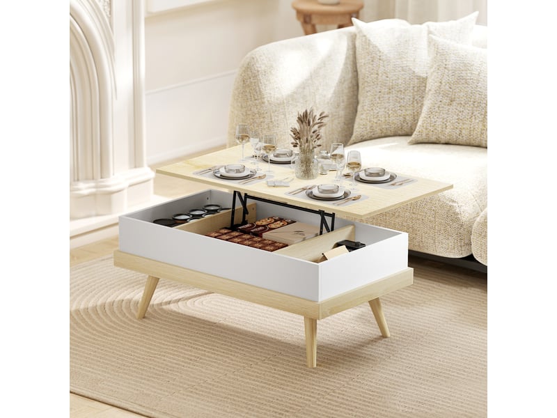  Table basse avec mécanisme de levage, 3 compartiments de rangement dissimulés et pieds en bois, 100 x 79 x 54 cm, naturel et blanc  - Conforama C
