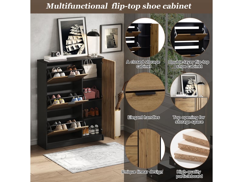  Meuble à chaussures en mdf, 3 abattants et 1 porte, capacité jusqu'à 12 paires, 100 x 30 x 130 cm, pour entrée étroite  - Conforama D