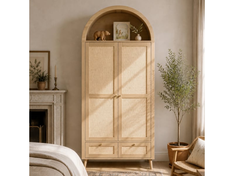 Armoire penderie hauteur 180 cm - 2 portes - 1 barre de penderie - 2 tiroirs - façades effet rotin - design arqué - mdf - chêne - Conforama B