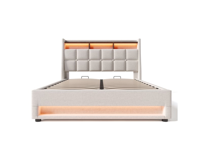  Lit coffre 140 x 200 cm en lin beige clair avec led et prises usb  - Conforama A