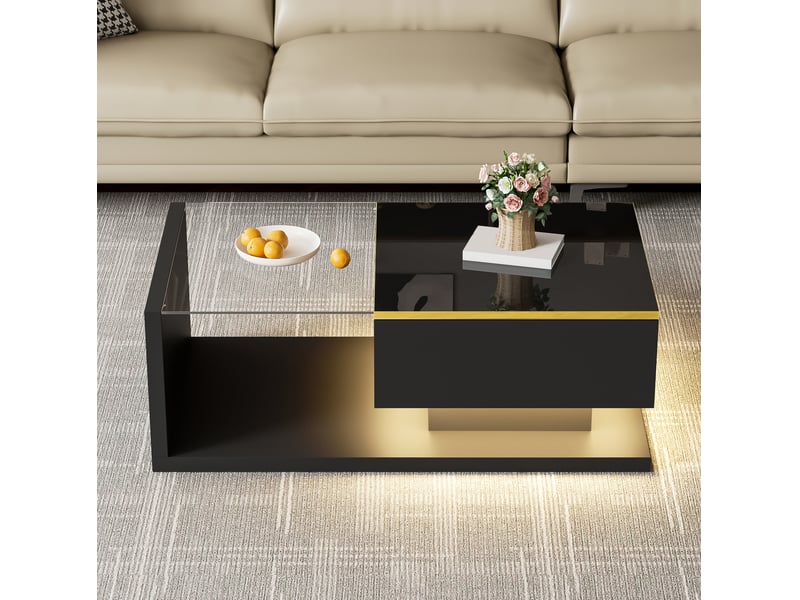  Table basse 90x50 cm led panneau de particules noir brillant  - Conforama C