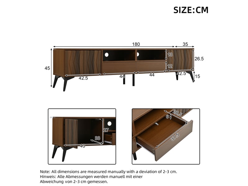  Meuble tv 180 x 35 x 45 cm noyer avec 2 portes, 2 tiroirs et 2 niches  - Conforama E