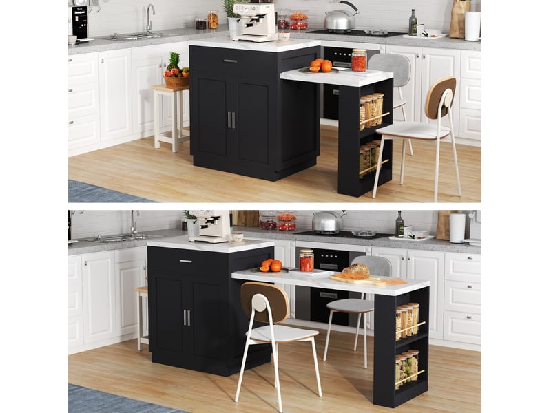  Îlot de cuisine noir avec table extensible 2 à 6 personnes et prises usb  - Conforama E