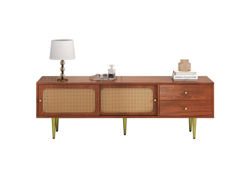  Meuble tv en mdf couleur noyer avec portes coulissantes en rotin synthétique, 160 x 40 x 60 cm  - Conforama A