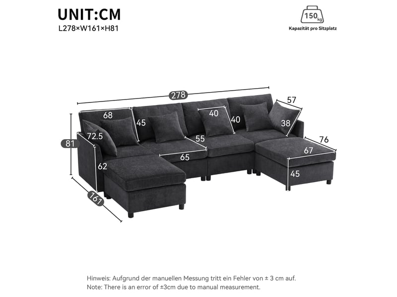 Canapé modulaire en u 278x161x81cm, 2 poufs inclus, meuble de salon, structure en bois et métal, tissu chenille, gris - Conforama C