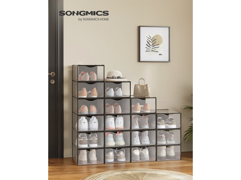 Boîtes à chaussures, organisateurs en plastique, avec porte, lot de 18, empilables, montage facile, 33,2 x 23 x 14,5 cm, pour pointure jusqu'à 43, transparentes et noir d'encre - Conforama C