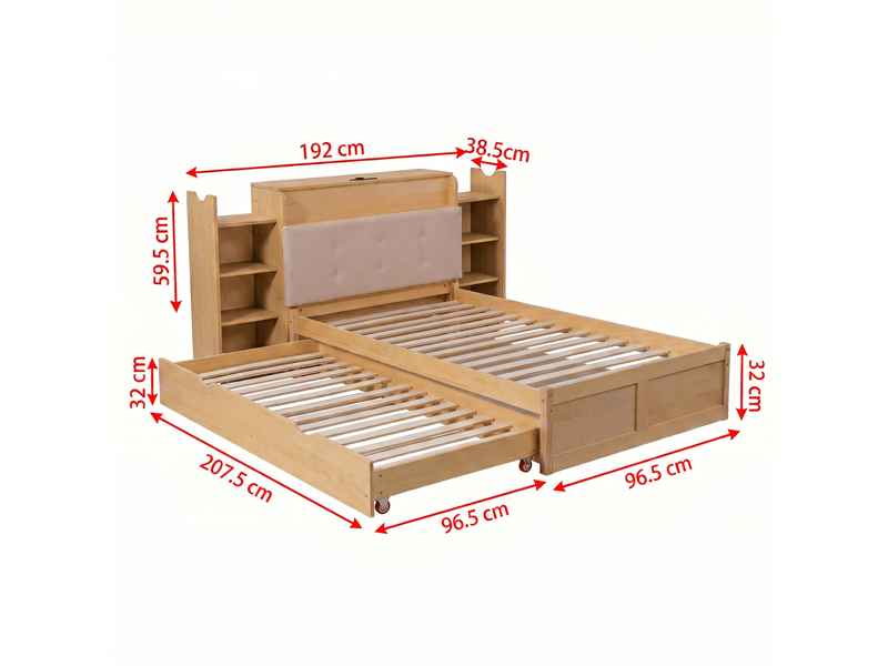  Lit gigogne 90x200 à 180x200 cm en bois et mdf naturel, tête de lit bibliothèque, couchage modulable  - Conforama C