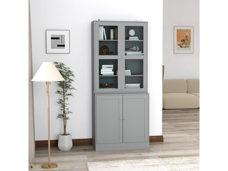Bibliothèque vitrine, meuble de rangement à 6 niveaux avec 4 portes dont 2 en verre trempé, étagères réglables, gris - Conforama B