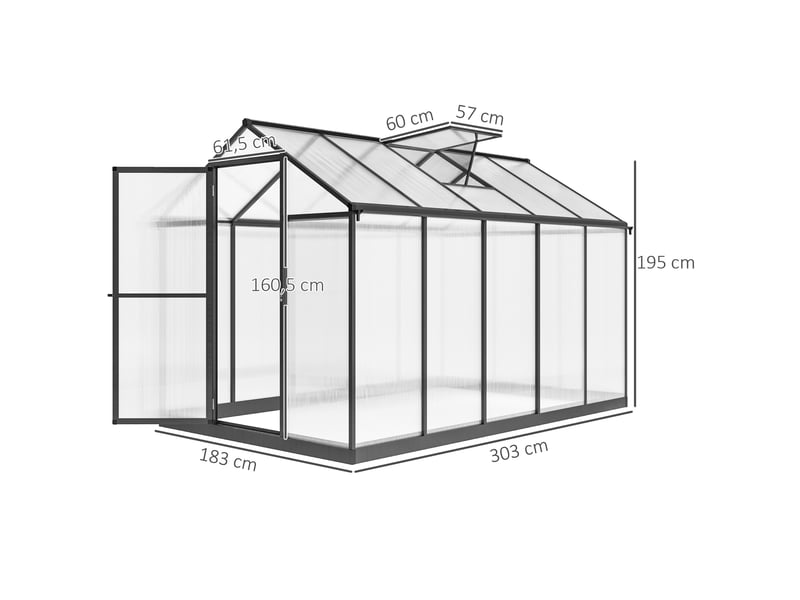  Serre de jardin en aluminium polycarbonate, serre avec fenêtres supérieures réglables 303x183x195cm transparent  - Conforama E