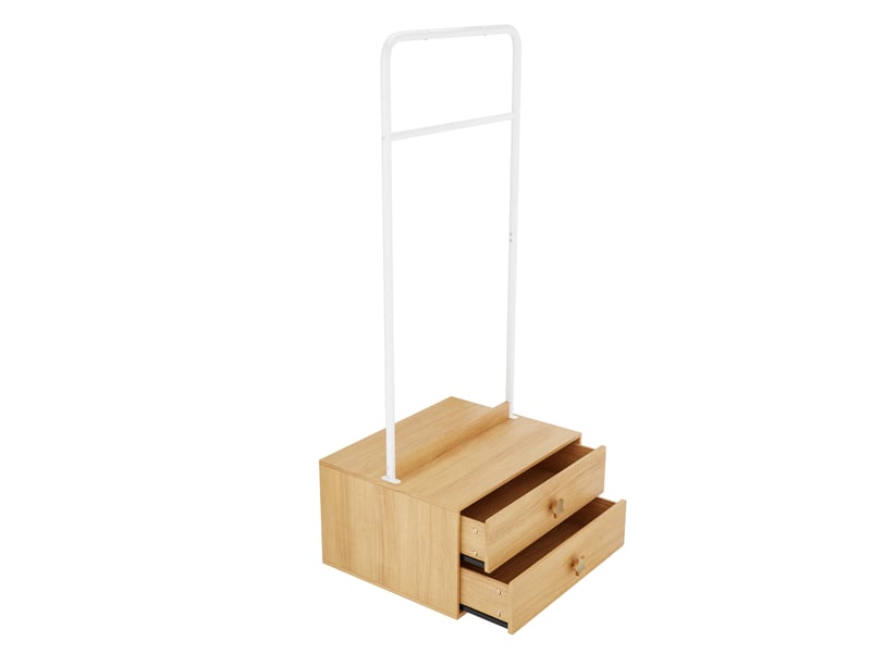 Portant vestiaire enfant 70 × 55 × 168 cm, coloris bois, deux tiroirs, poignées étoiles et crochets.  - Conforama E