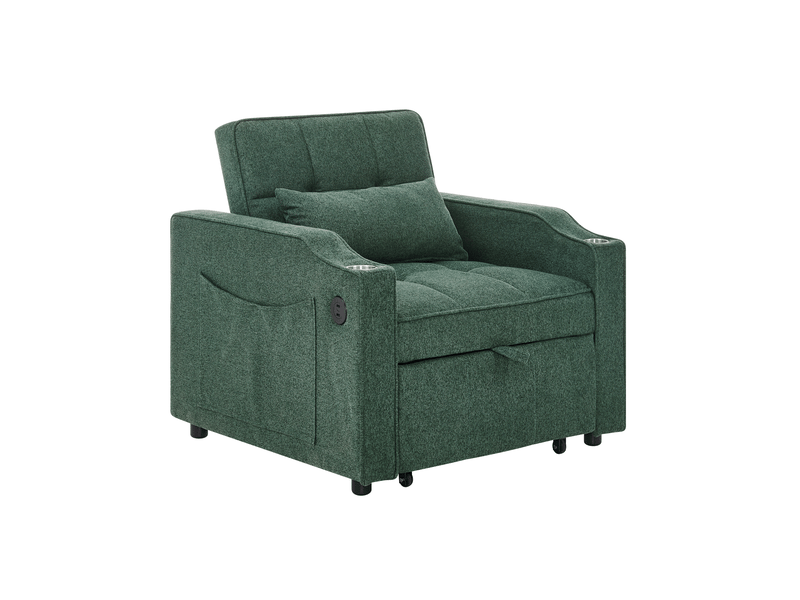  Fauteuil convertible tcqpz 3 en 1 190 x 85 x 86 cm dossier réglable 3 positions usb usb-c porte-gobelet rangement latéral vert  - Conforama A