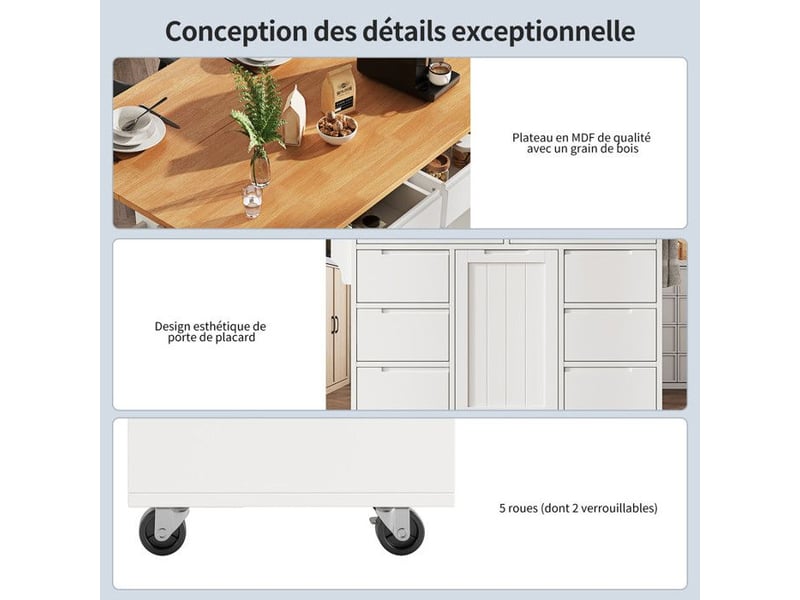  Desserte cuisine blanc moderne - 8 tiroirs + plateau extensible (46-74.5cm), roues freinées | rangement xxl | 122cm | 60kg de charge  - Conforama D
