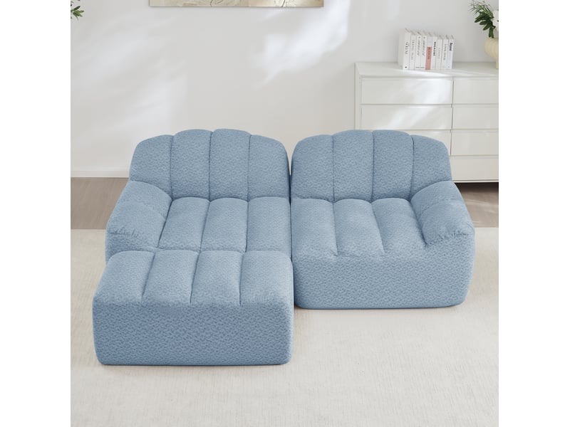 Canapé modulaire d'angle 2 places en tissu bouclette granuleux bleu avec ottoman, 210 x 165 x 79 cm - Conforama C