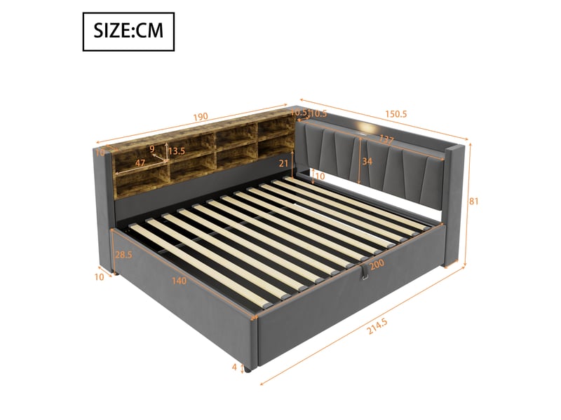 Lit coffre enfant 140x200 cm, led, usb type-c, étagères, rangement, sommier, velours gris foncé, sans matelas - Conforama C