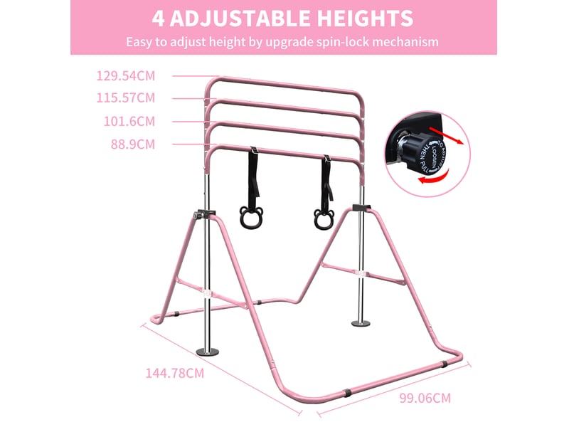  Barre de gymnastique enfant réglable 88,9 à 129,54 cm rose, pliable avec anneaux, pour un entraînement sûr  - Conforama C