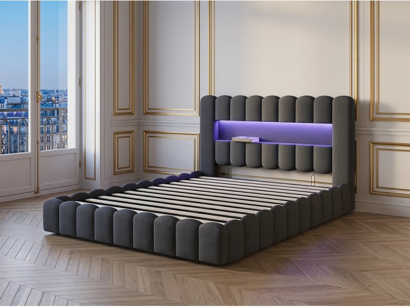  Lit coffre 180x200 cm - lit 2 places gris avec led et port usb - sommier relevable - rangement - matelas non inclus  - Conforama D