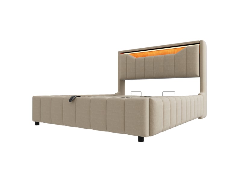  Lit coffre 140 × 200 cm en tissu effet lin beige, led, usb et usb-c IKSETERA TRADING LTD - Conforama W
