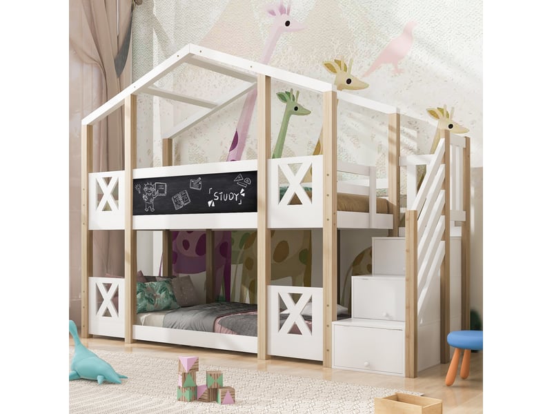  Lit superposé, lit 2 places 90x200 cm en bois avec escalier de rangement, tableau et barrière, sans matelas  - Conforama C
