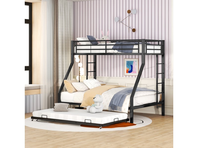 Lit superposé en métal noir, lit superposé avec lit gigogne 90x200 et 140x200 cm, pour enfants et adultes. - Conforama B