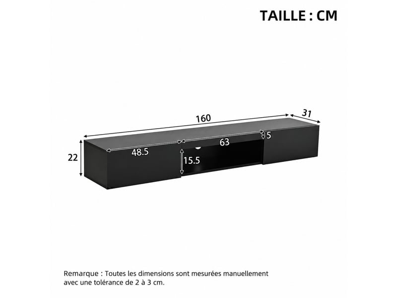 Meuble tv mural noir brillant avec led, 2 portes abattantes et rangement suspendu, pour tv jusqu’à 70 pouces  - Conforama C