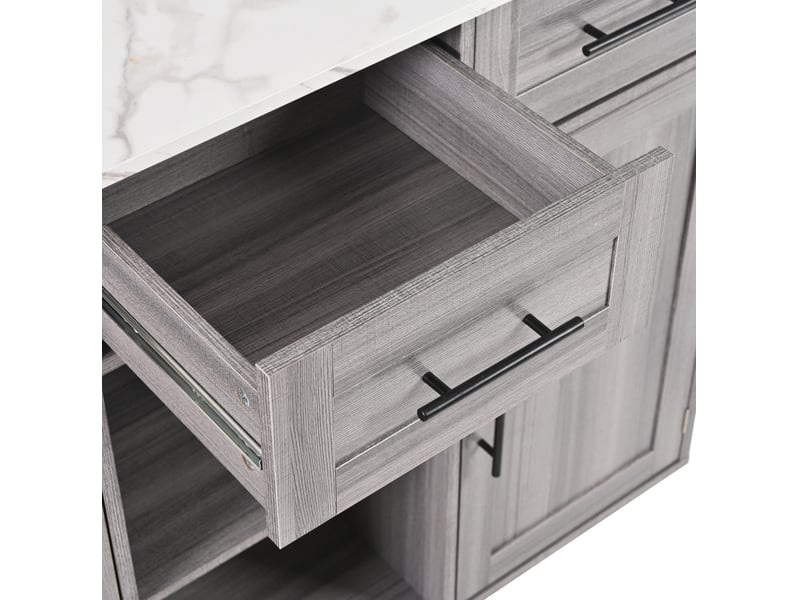  Desserte de cuisine 139 x 46 x 91,5 cm grise en panneaux, plateau rabattable, tiroirs et portes sur roulettes  - Conforama E